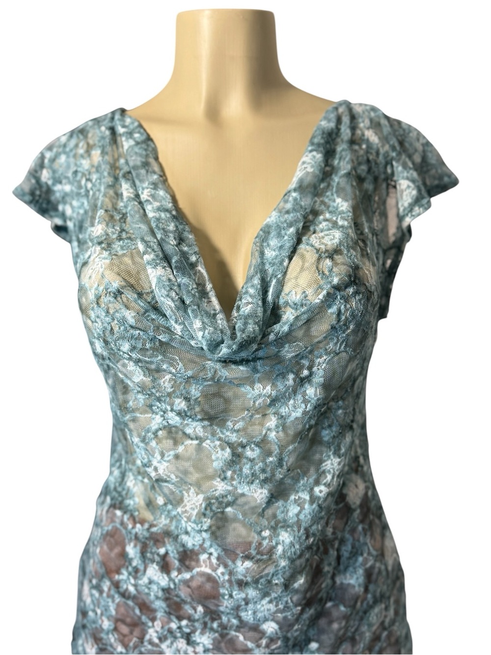 Studio Y Teal Lace Draped Cowl Neck Cap Sleeve Top